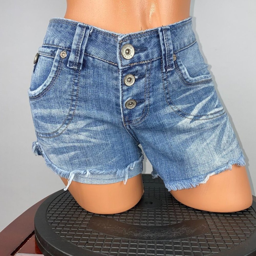 Mudd Juniors 9 Denim Button Fly Partially Cuffed Fringe Hem Shorts Boho Festival